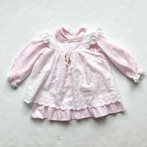 Vintage Pink dot dress w/eyelet pinafore 12-18m